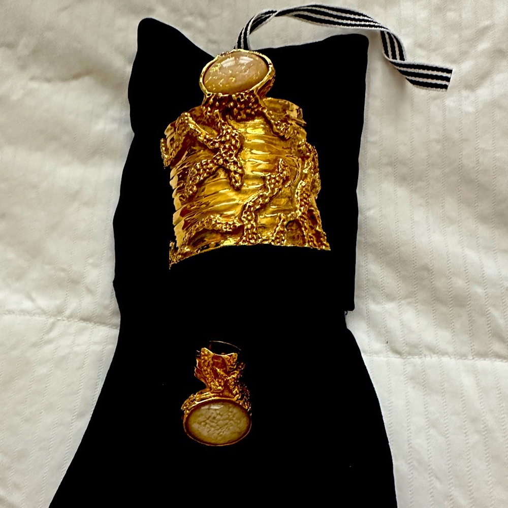 Yves Saint Laurent matching cabuchon gold bracelet and ring set